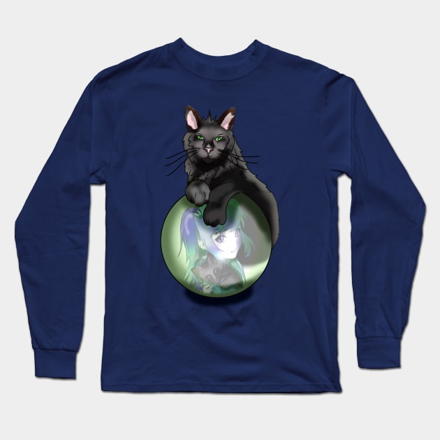 Black fluffy cat with a crystal ball Long Sleeve T-Shirt by cuisinecat